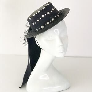 Vintage 1940s Straw Sailor Hat with Star Studs Black & White Dainty Fascinator